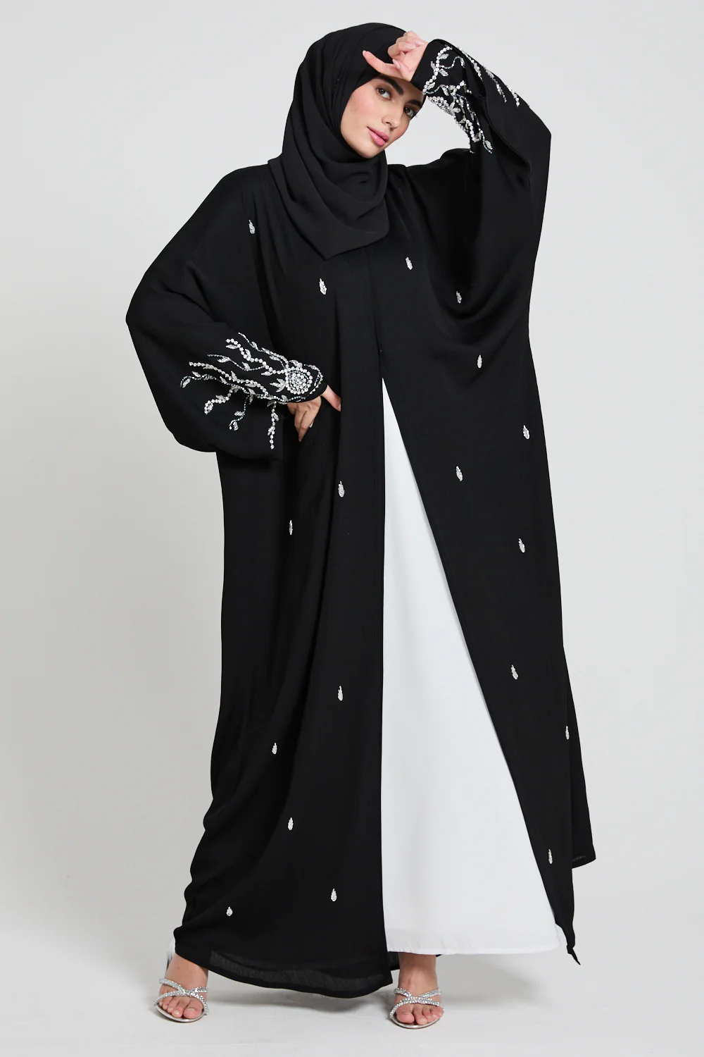 Premium Textured Embellished Open Farasha Abaya - Black