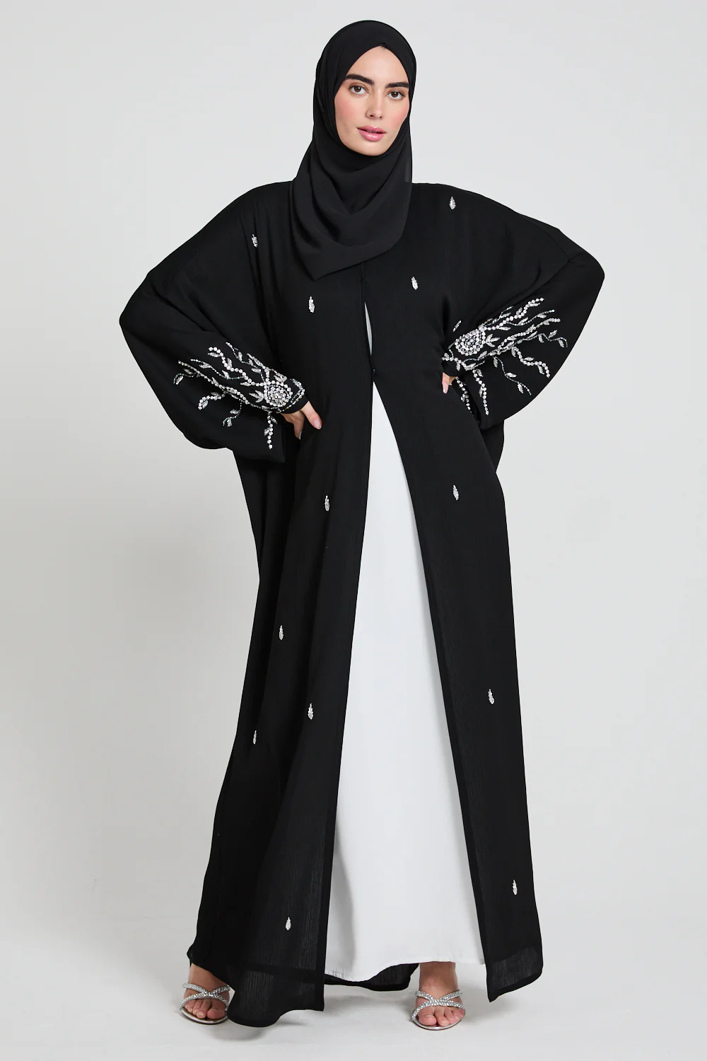 Premium Textured Embellished Open Farasha Abaya - Black