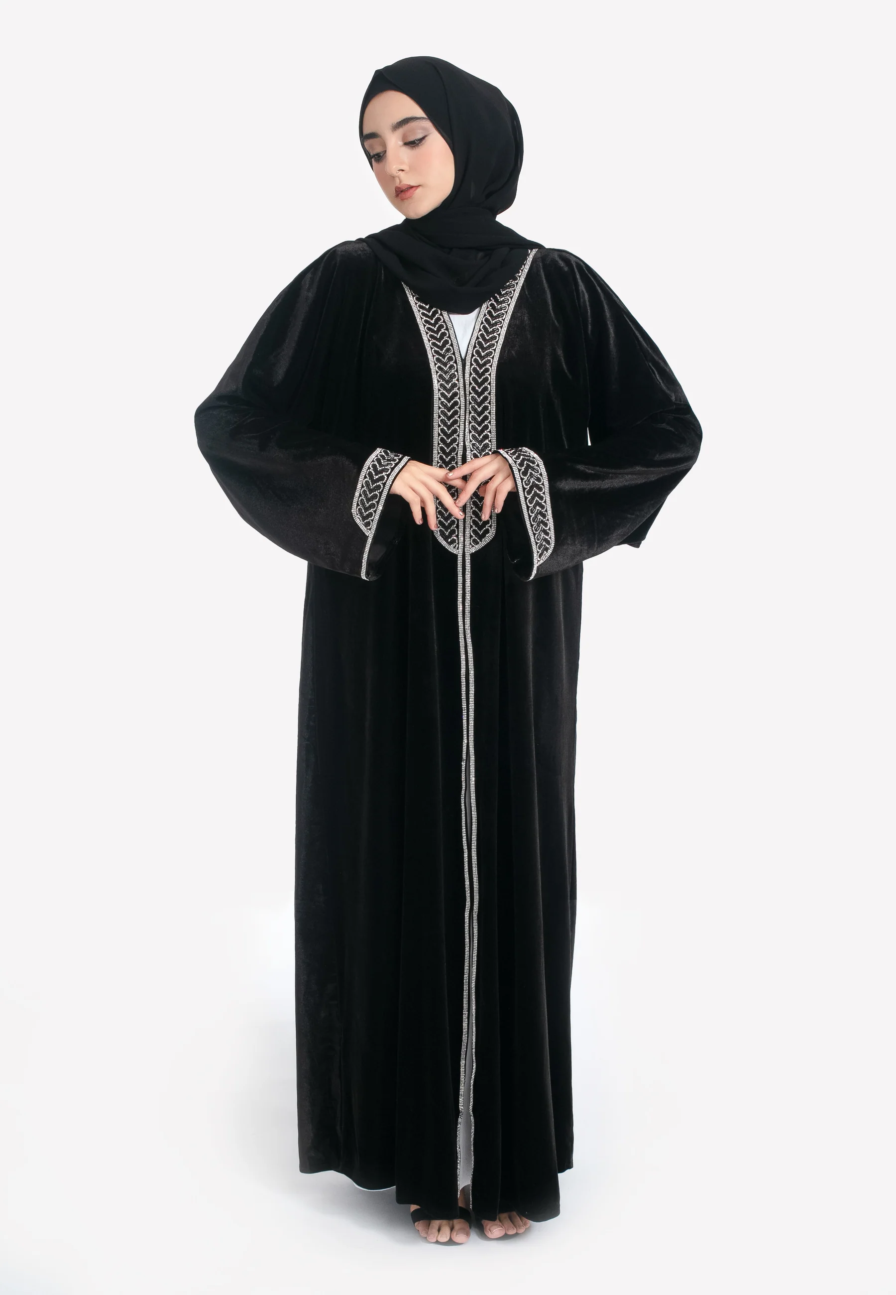 Luxury Black Velvet Embellished Open Abaya
