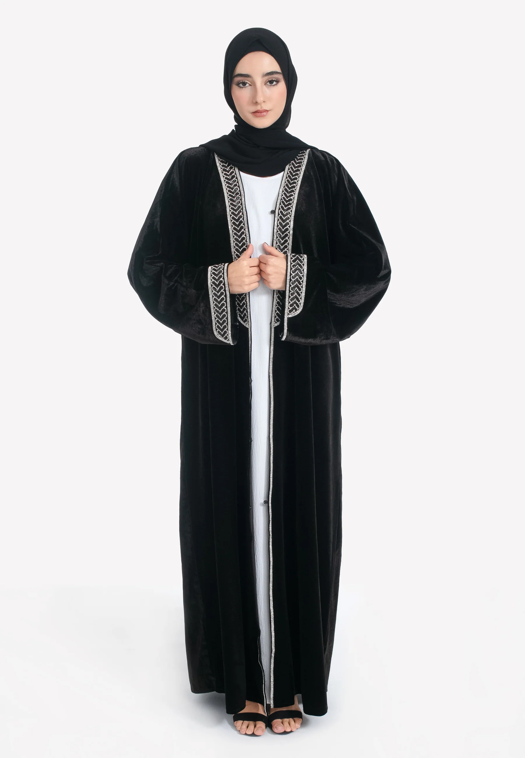 Luxury Black Velvet Embellished Open Abaya