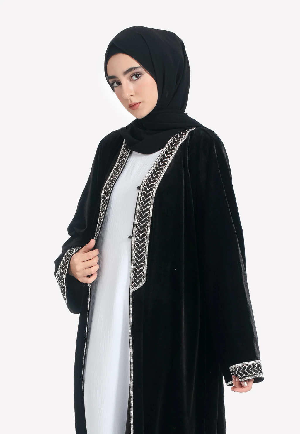 Luxury Black Velvet Embellished Open Abaya
