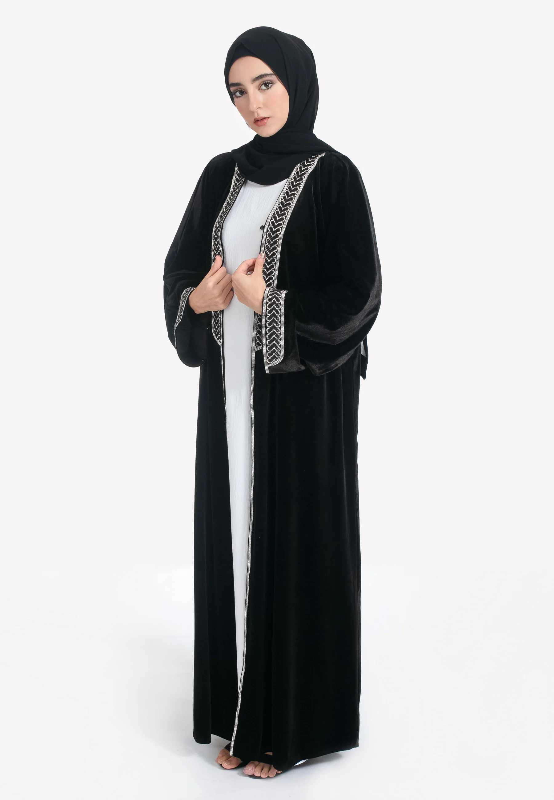 Luxury Black Velvet Embellished Open Abaya