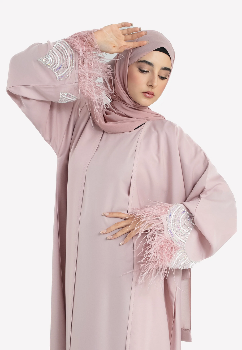 Luxury Rose Blush Feathered 4-Piece Abaya Set