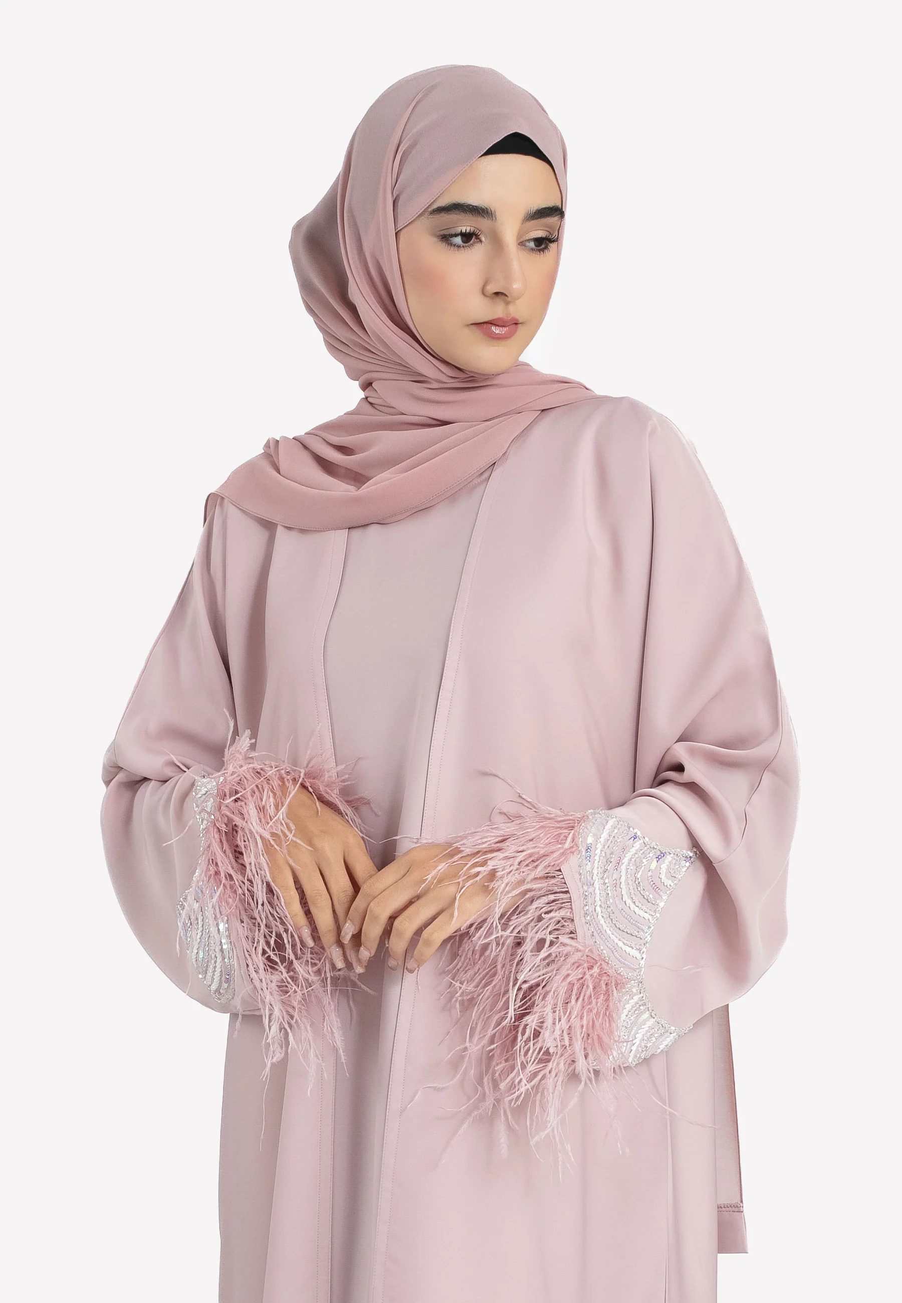 Luxury Rose Blush Feathered 4-Piece Abaya Set