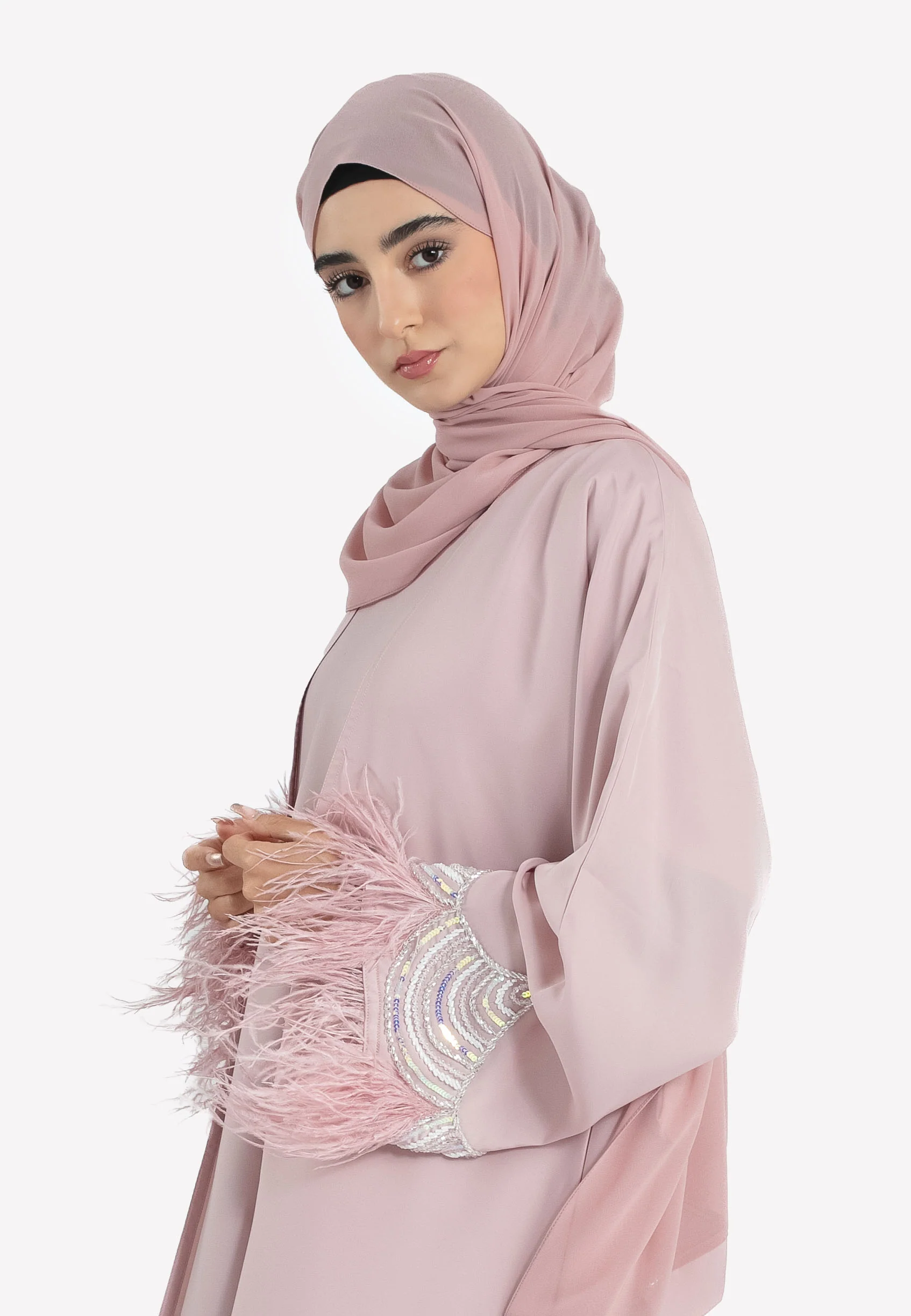 Luxury Rose Blush Feathered 4-Piece Abaya Set