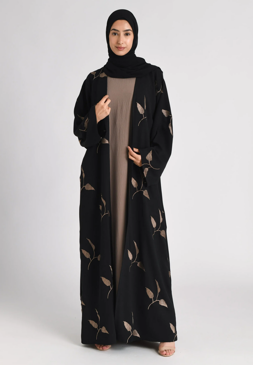 Taupe Leaf Embroidered Kimono Open Abaya Set