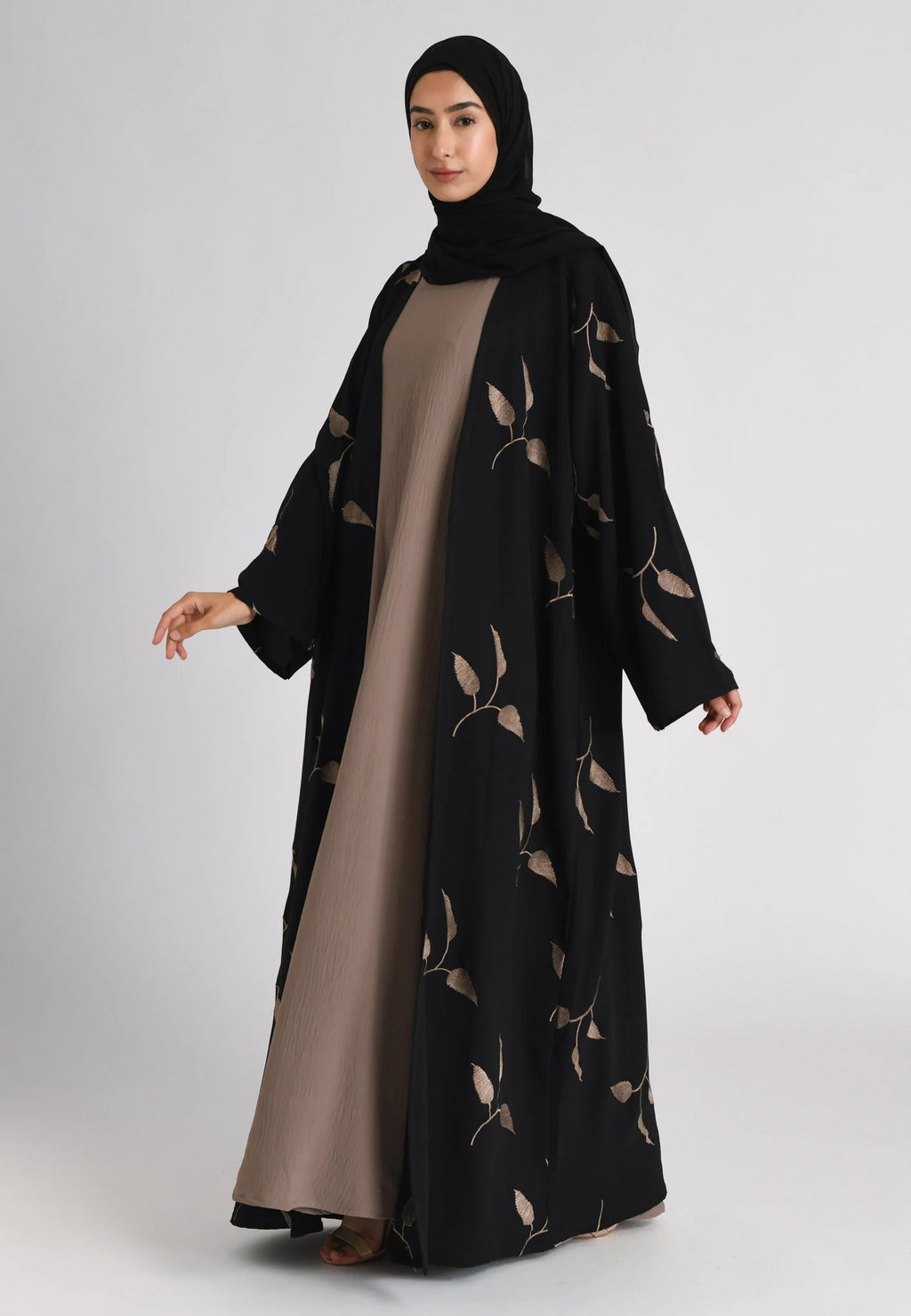 Taupe Leaf Embroidered Kimono Open Abaya Set