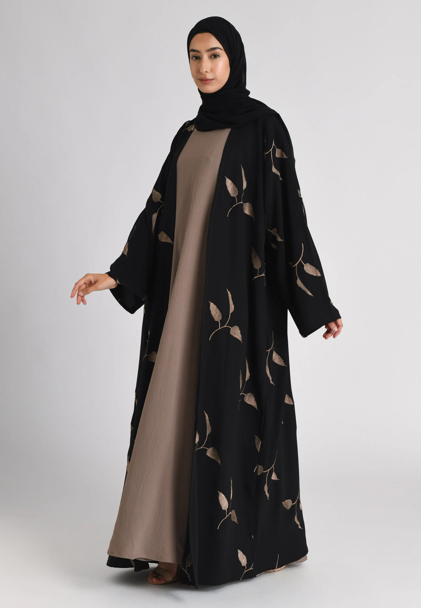 Taupe Leaf Embroidered Kimono Open Abaya Set