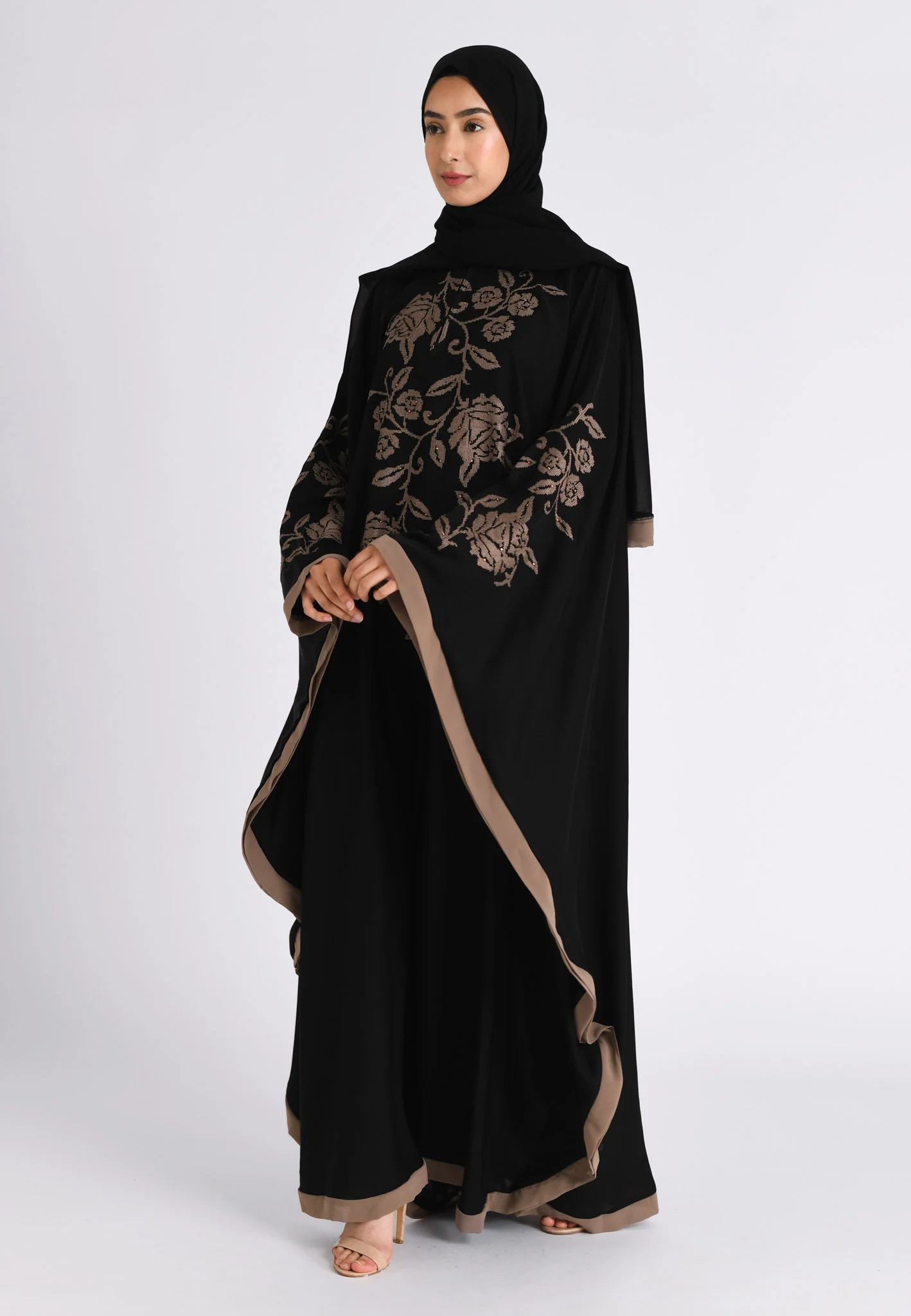 Taupe Rose Embroidered Farasha (Premium)