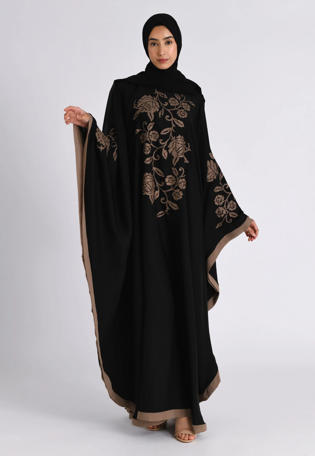 Taupe Rose Embroidered Farasha (Premium)