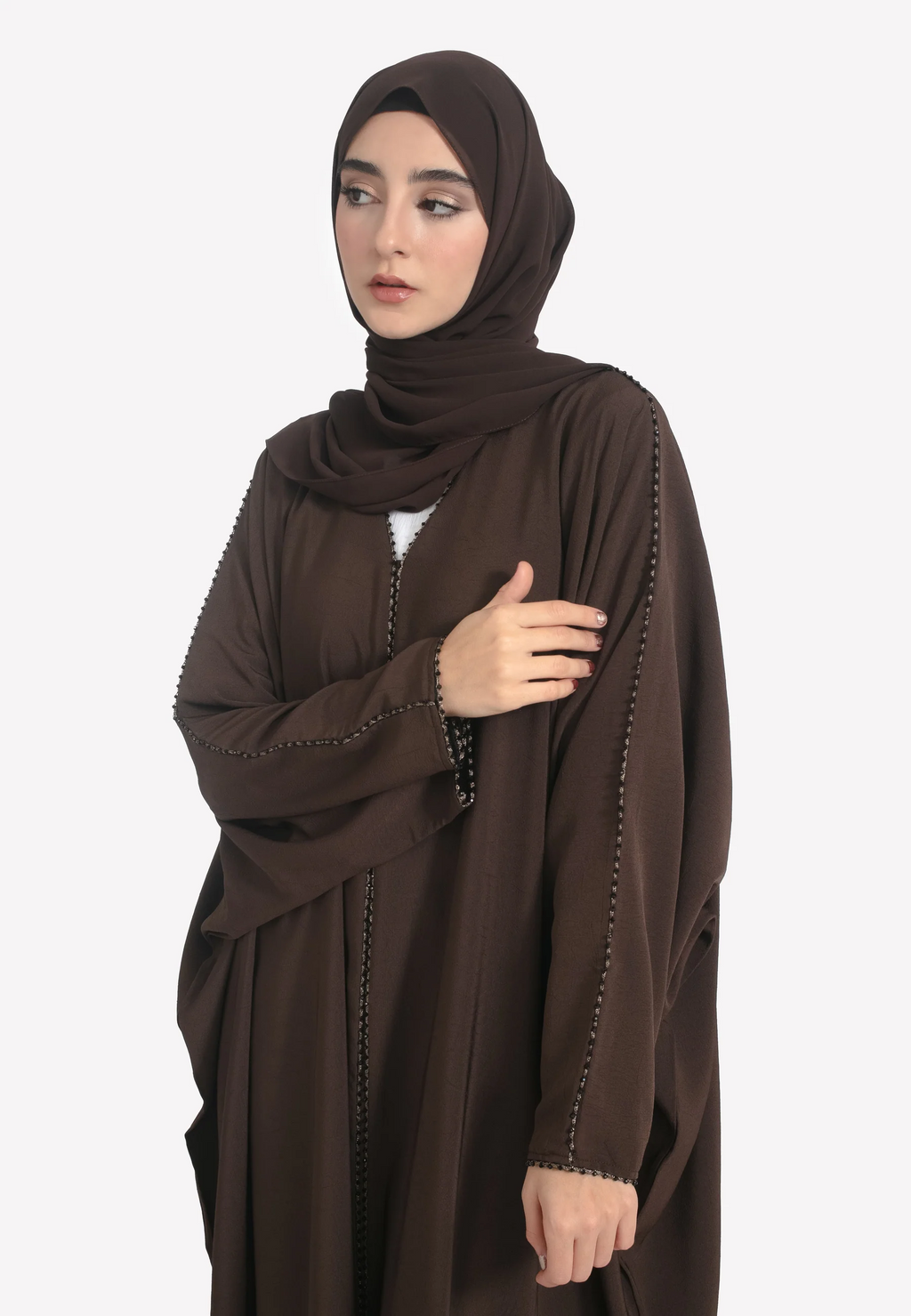 Brown Textured Closed Farasha with Dainty Embellishments