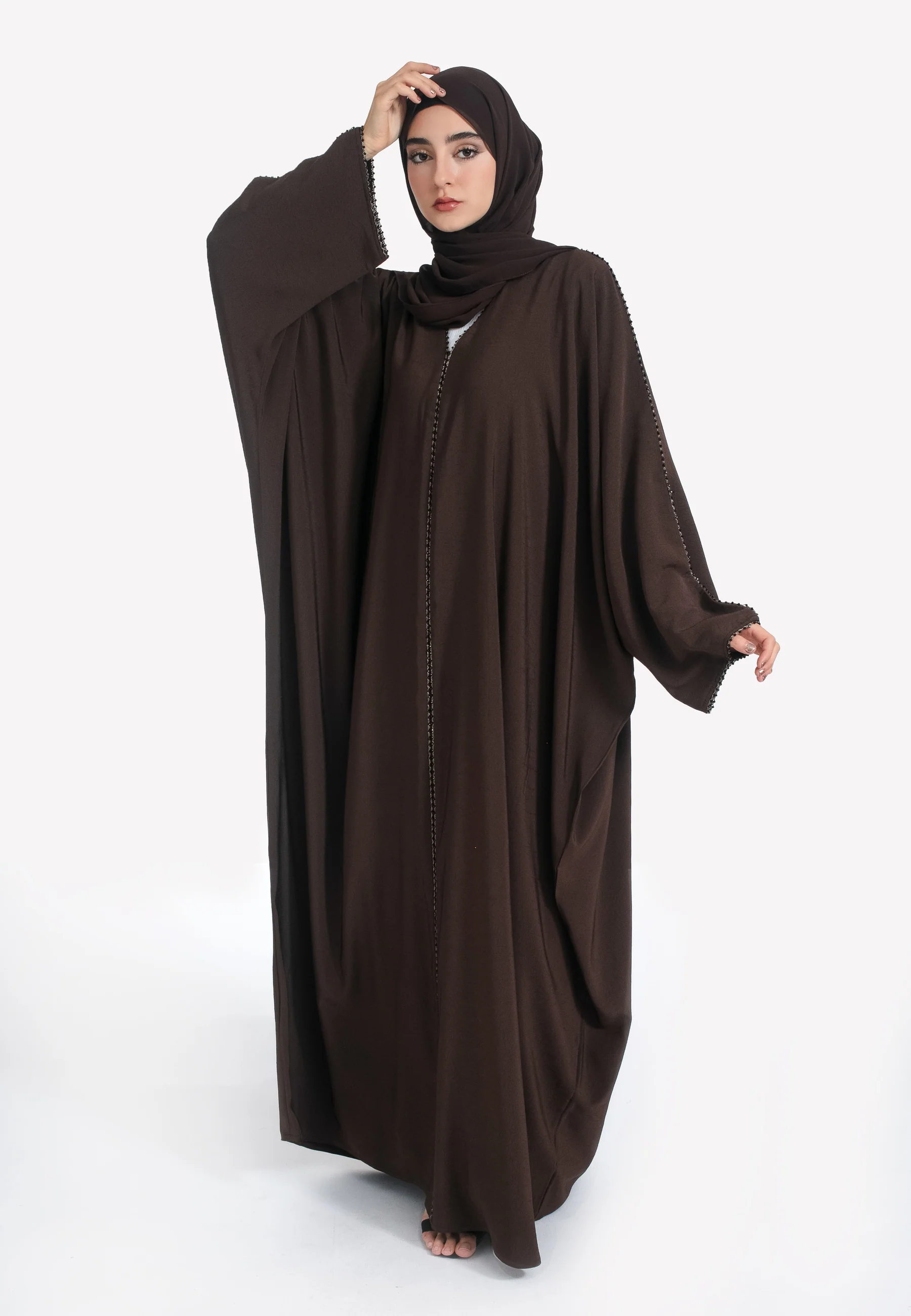 Brown Textured Closed Farasha with Dainty Embellishments