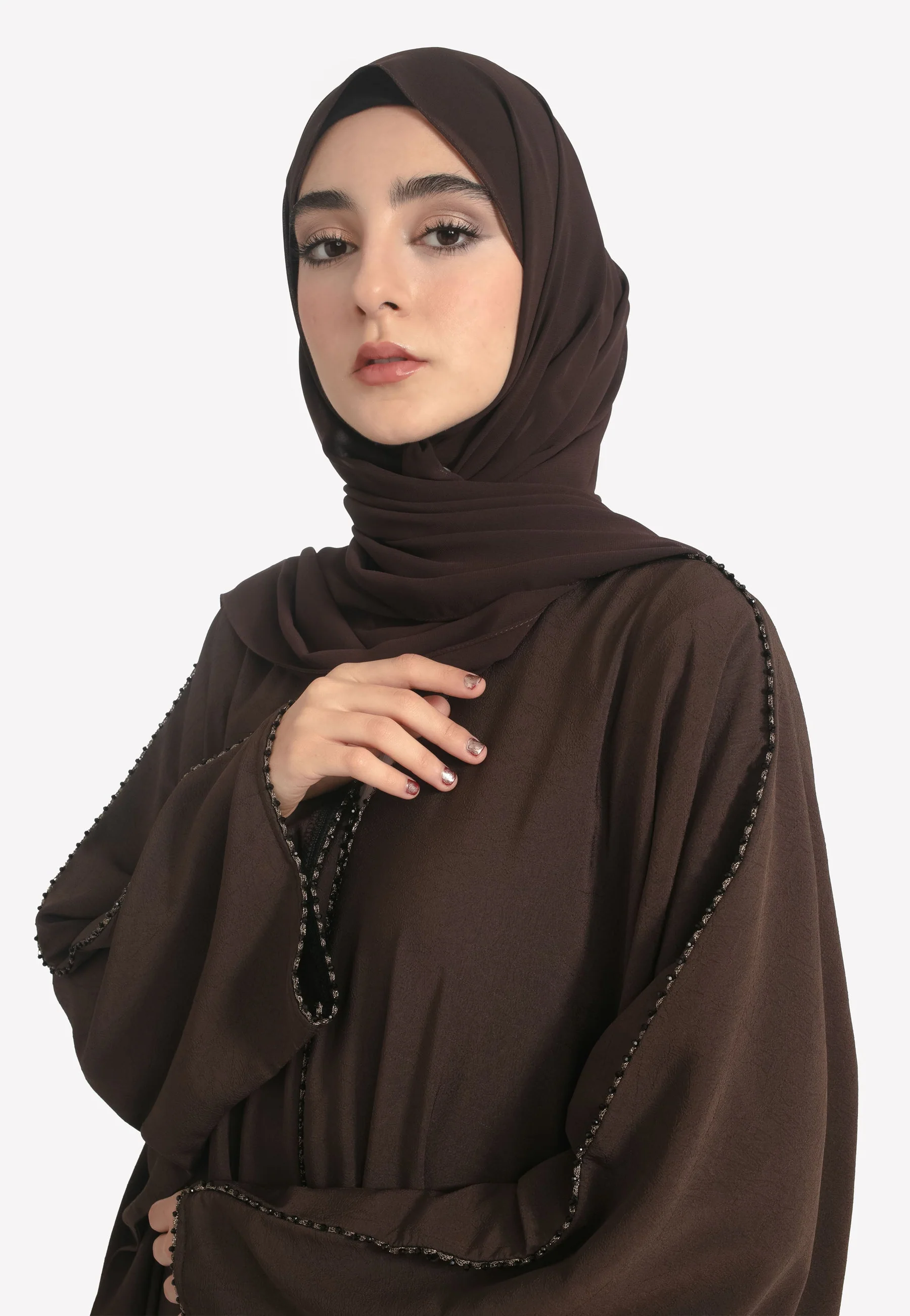 Brown Textured Closed Farasha with Dainty Embellishments