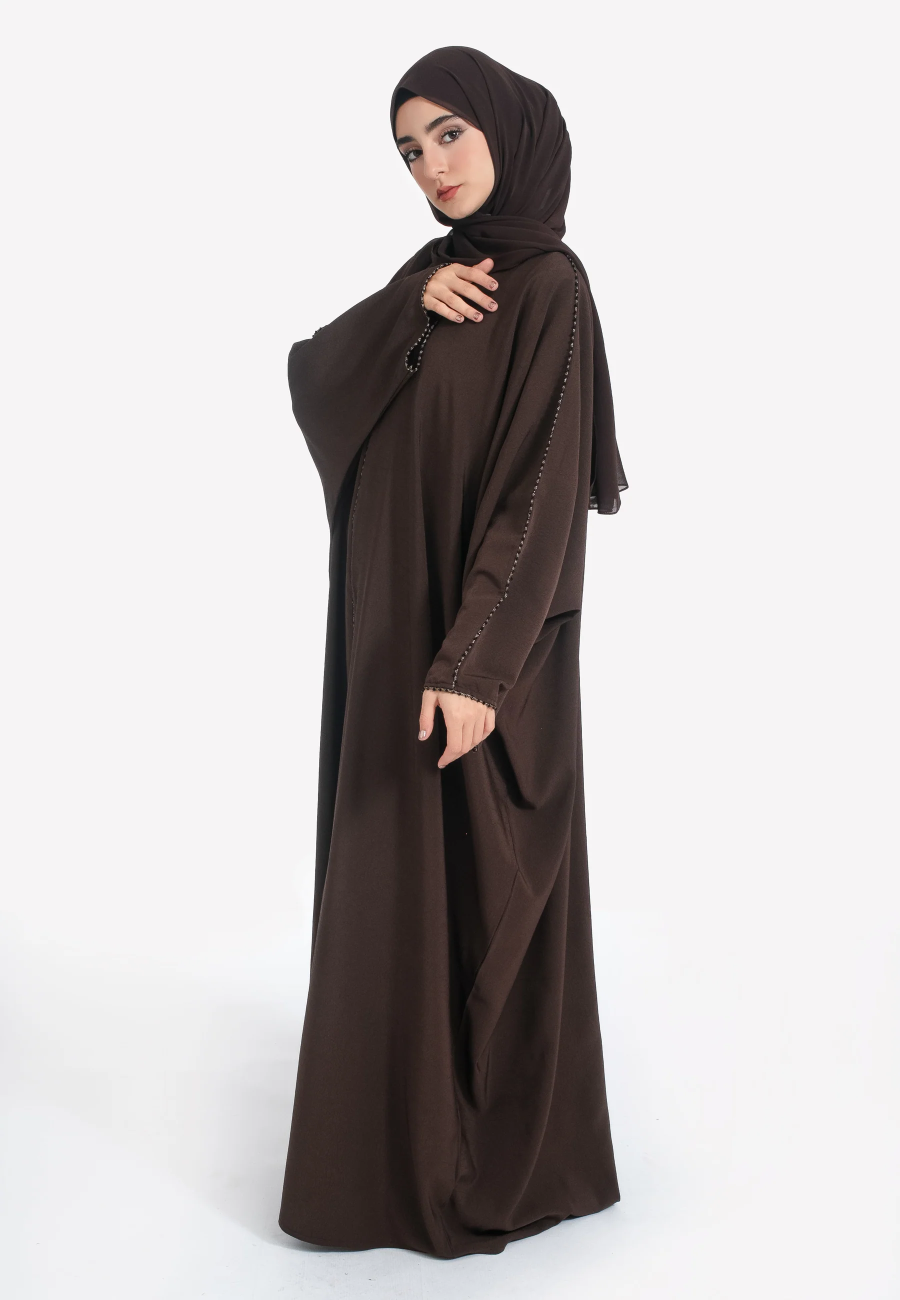 Brown Textured Closed Farasha with Dainty Embellishments