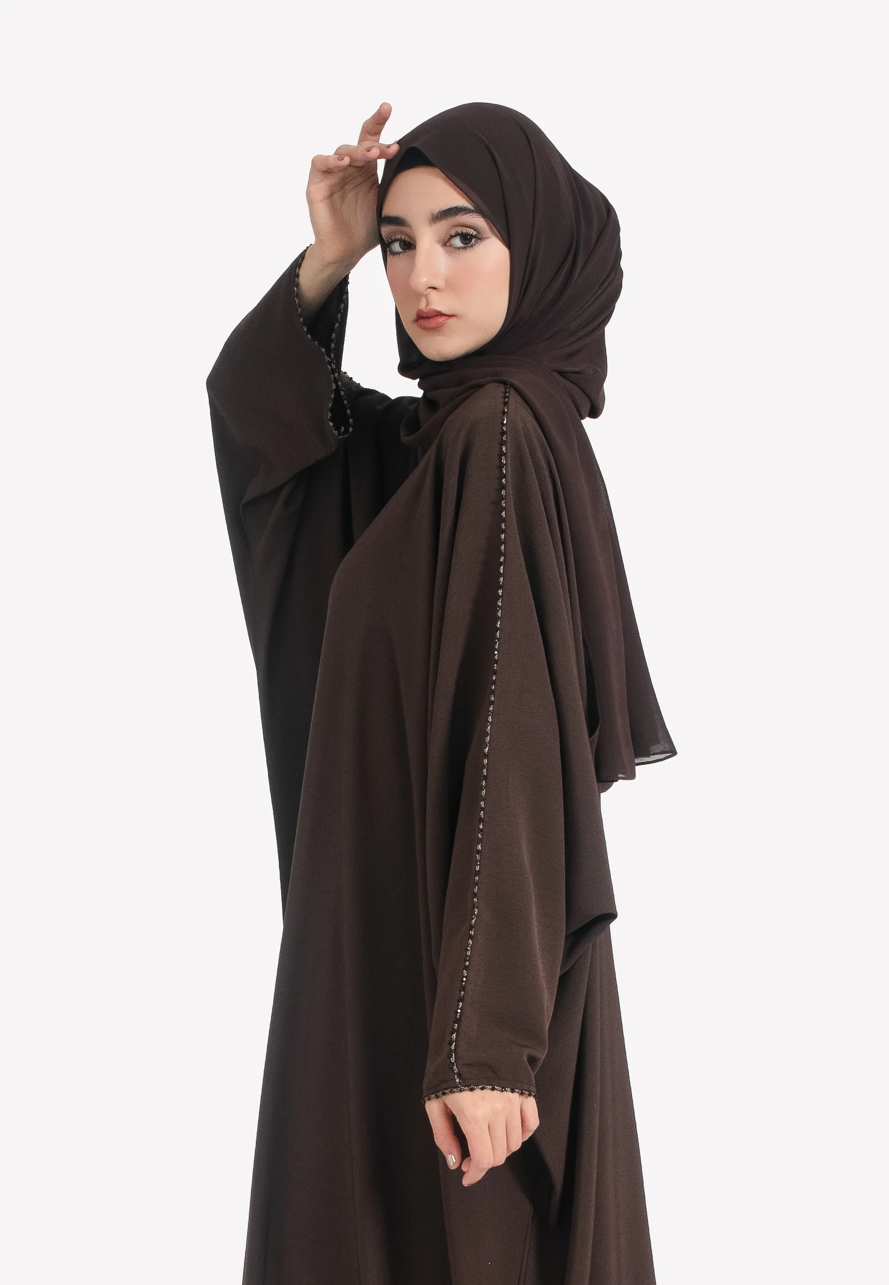 Brown Textured Closed Farasha with Dainty Embellishments