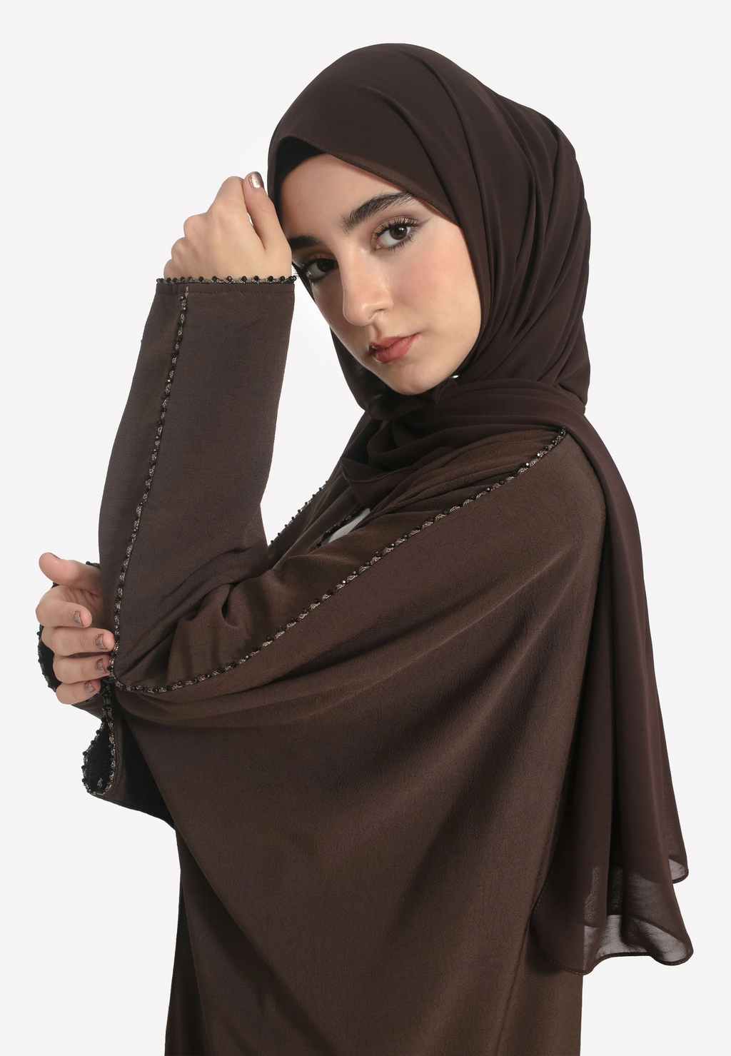 Brown Textured Closed Farasha with Dainty Embellishments