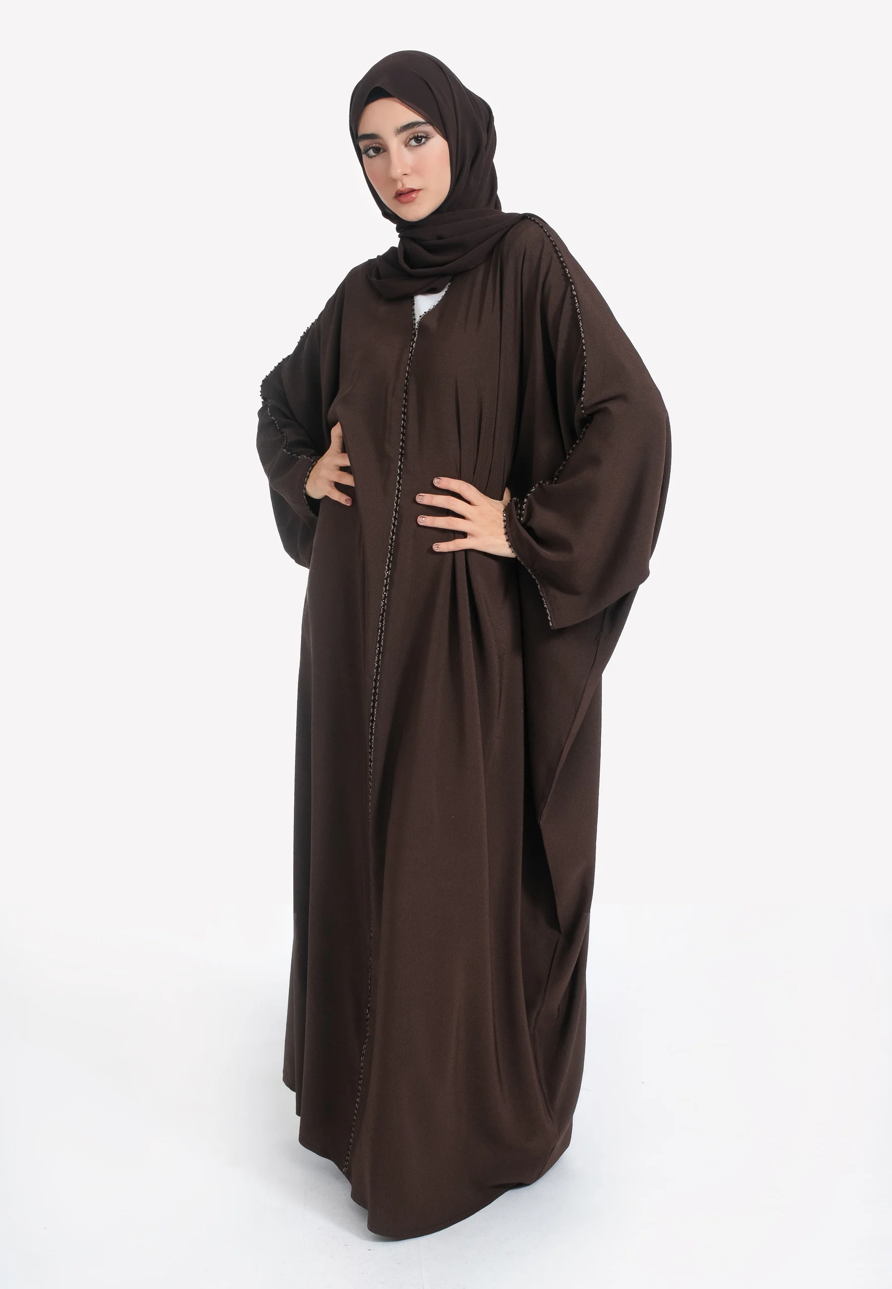 Brown Textured Closed Farasha with Dainty Embellishments