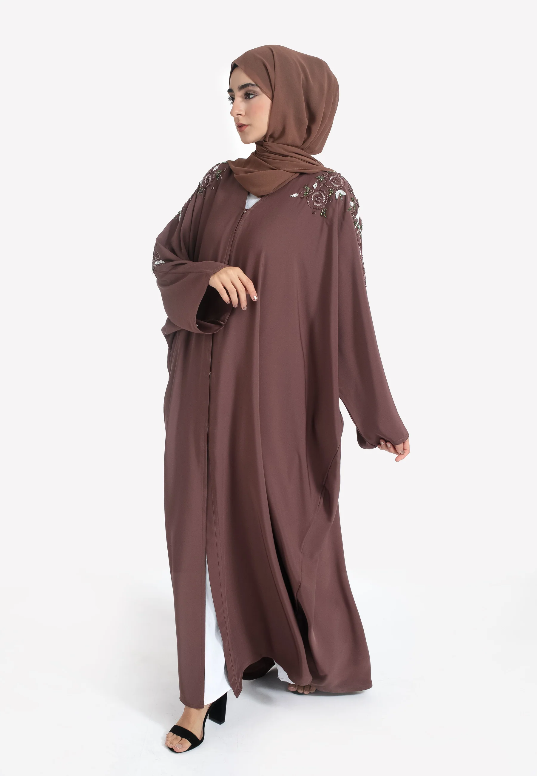 Taupe Floral Embellished Open Farasha