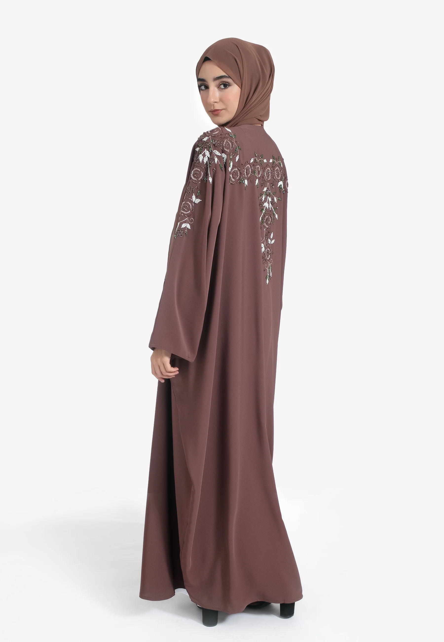 Taupe Floral Embellished Open Farasha