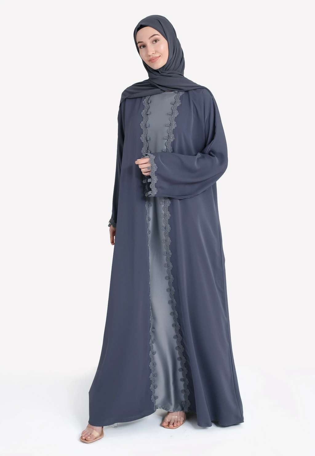 Grey Blossom Floral Lace Detailed Open Abaya Set