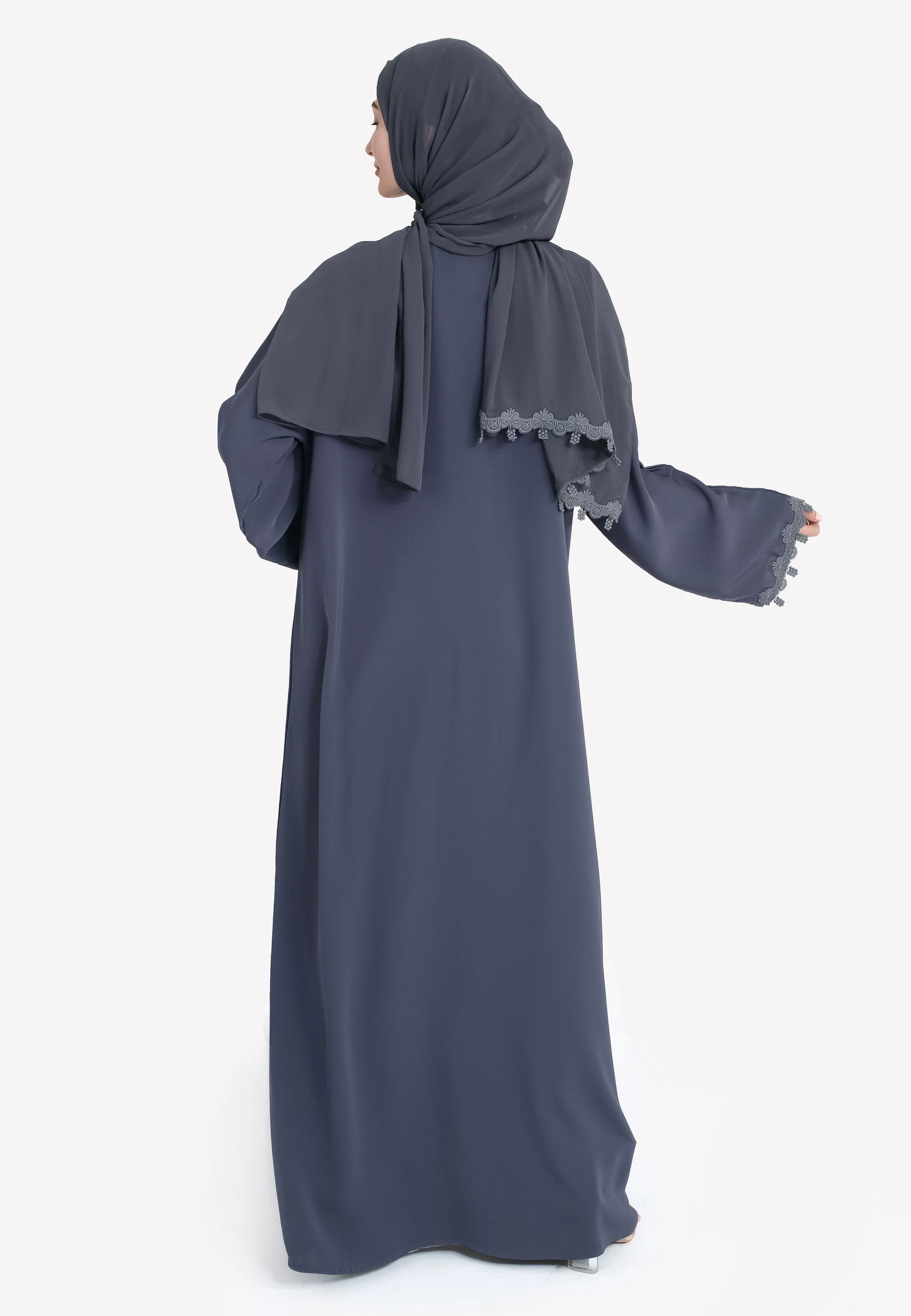 Grey Blossom Floral Lace Detailed Open Abaya Set