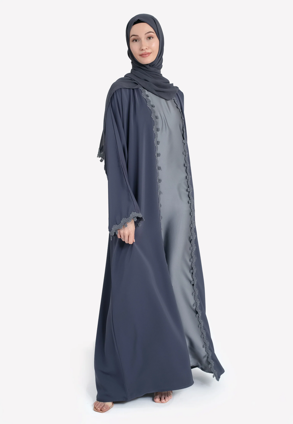 Grey Blossom Floral Lace Detailed Open Abaya Set