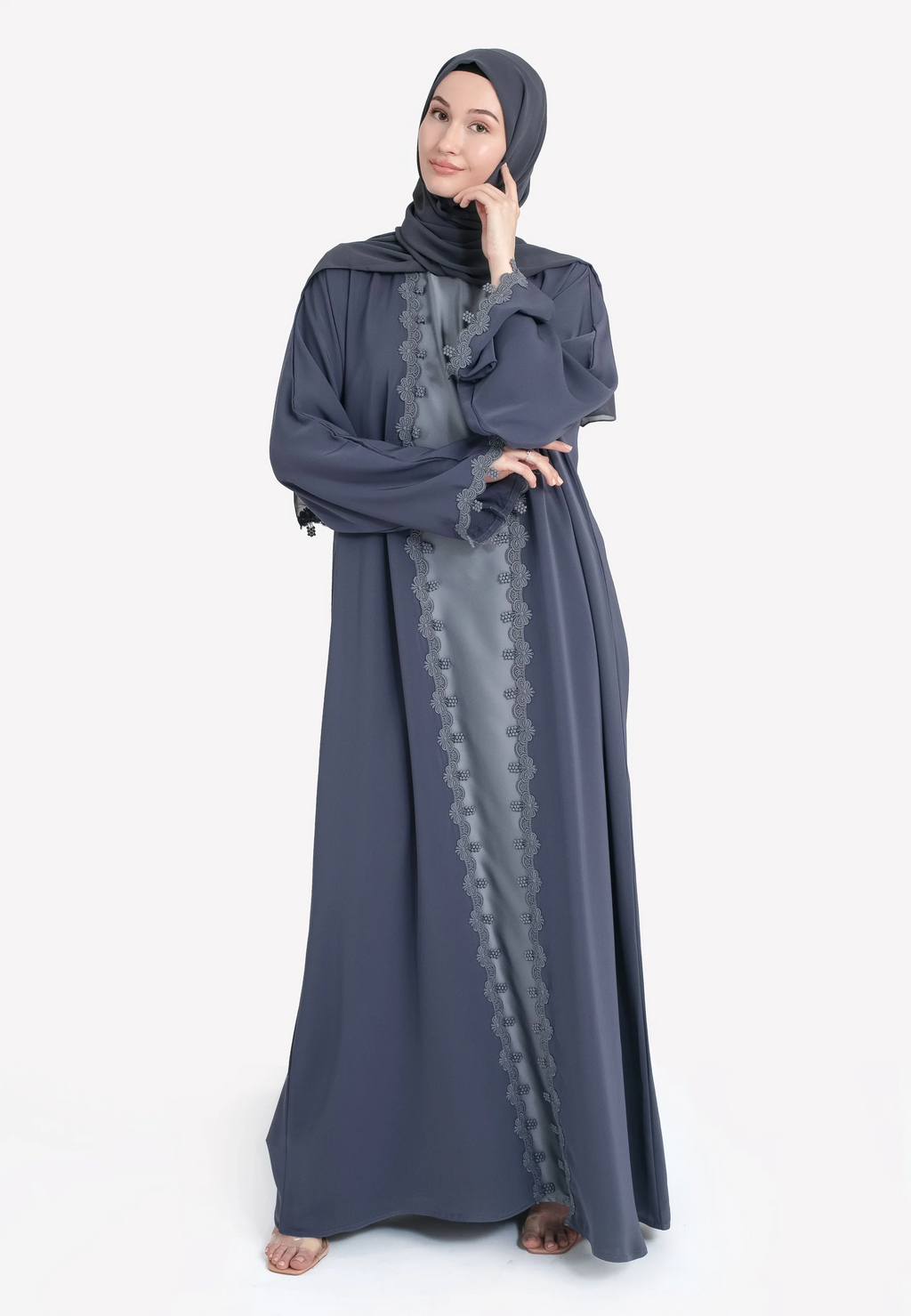 Grey Blossom Floral Lace Detailed Open Abaya Set